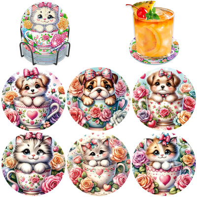 Bowetile 6PCS Flowers Diamond Art Painting Coasters Kit with Holder, Cat Diamond Art Kits for Adults Beginners, Dog Gem Art Kits for Adults, Arts and Crafts Kits for Adults for Home Decor