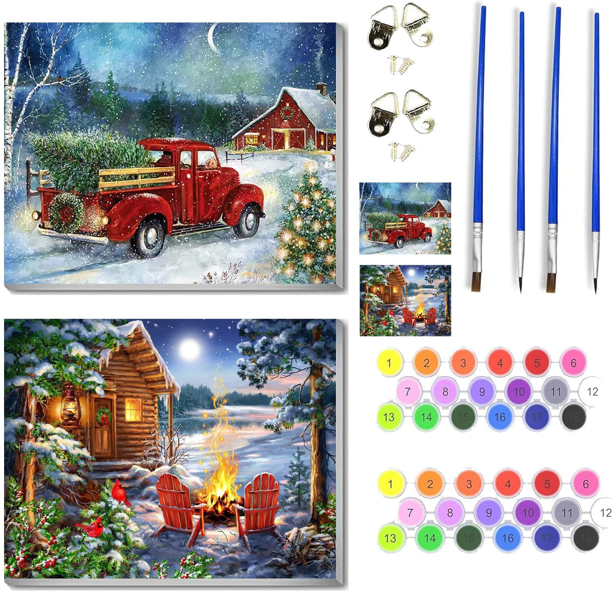 VIGEGU 2 Pack Christmas Paint by Numbers Kit for Adults with Framed,Truck Bonfire Winter Landscape Paint by Number DIY Adult Paint by Number Kits for Wall Decor 10x12in VIGEGU
