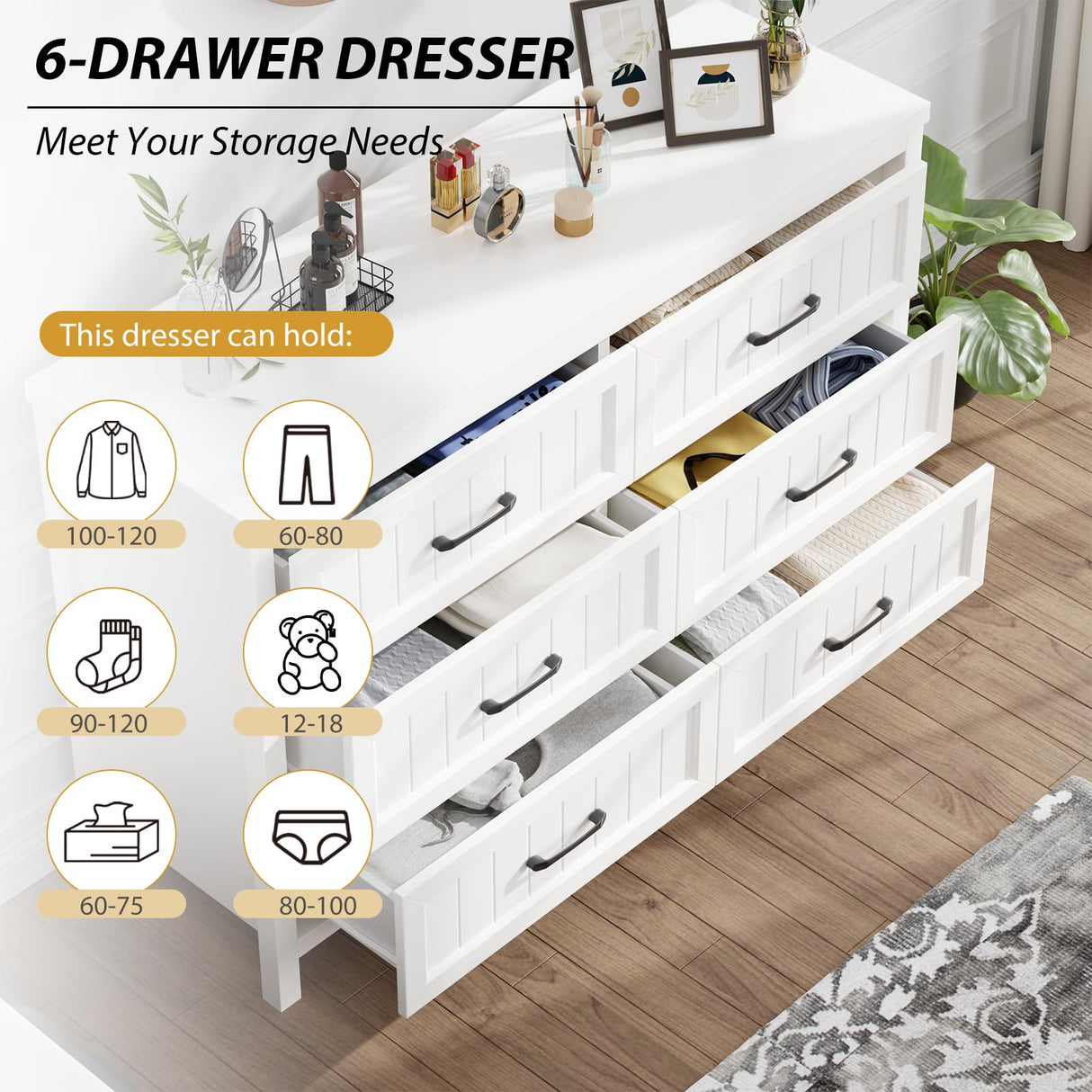 Jocoevol White Farmhouse 6 Drawer Dresser for Bedroom - Large Double Dressers TV Stand with Deep Drawers Dressers for Hallway, Entryway - Off White Jocoevol