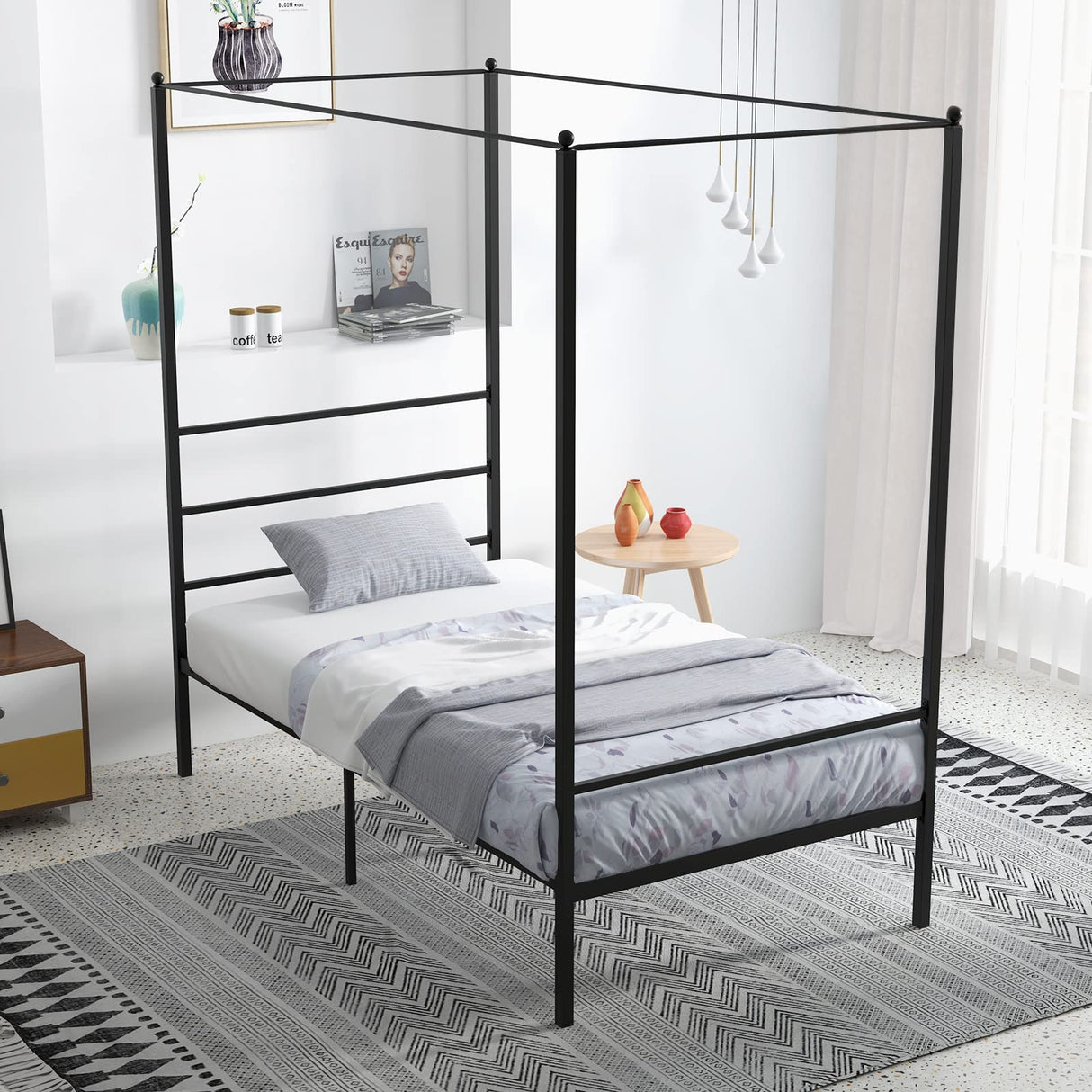 KOMFOTT Metal Canopy Bed Frame Twin Size, Modern 4 Poster Canopied Platform Bed Frame with Headboard, Heavy-Duty Metal Slat Support Mattress Foundation, No Box Spring Needed, Easy Assembly, Black KOMFOTT