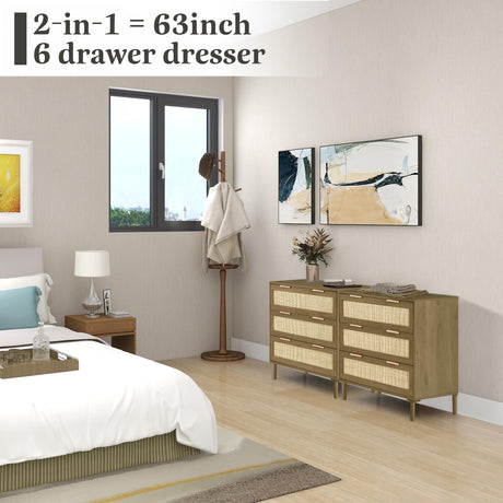 HOPUBUY 3 Drawer Dresser for Bedroom, Rattan Dresser Modern Closet Dressers Chest of Drawers, Wood Brown 3 Drawer Storage Chest for Kids Bedroom, Hallway, Living Room HOPUBUY