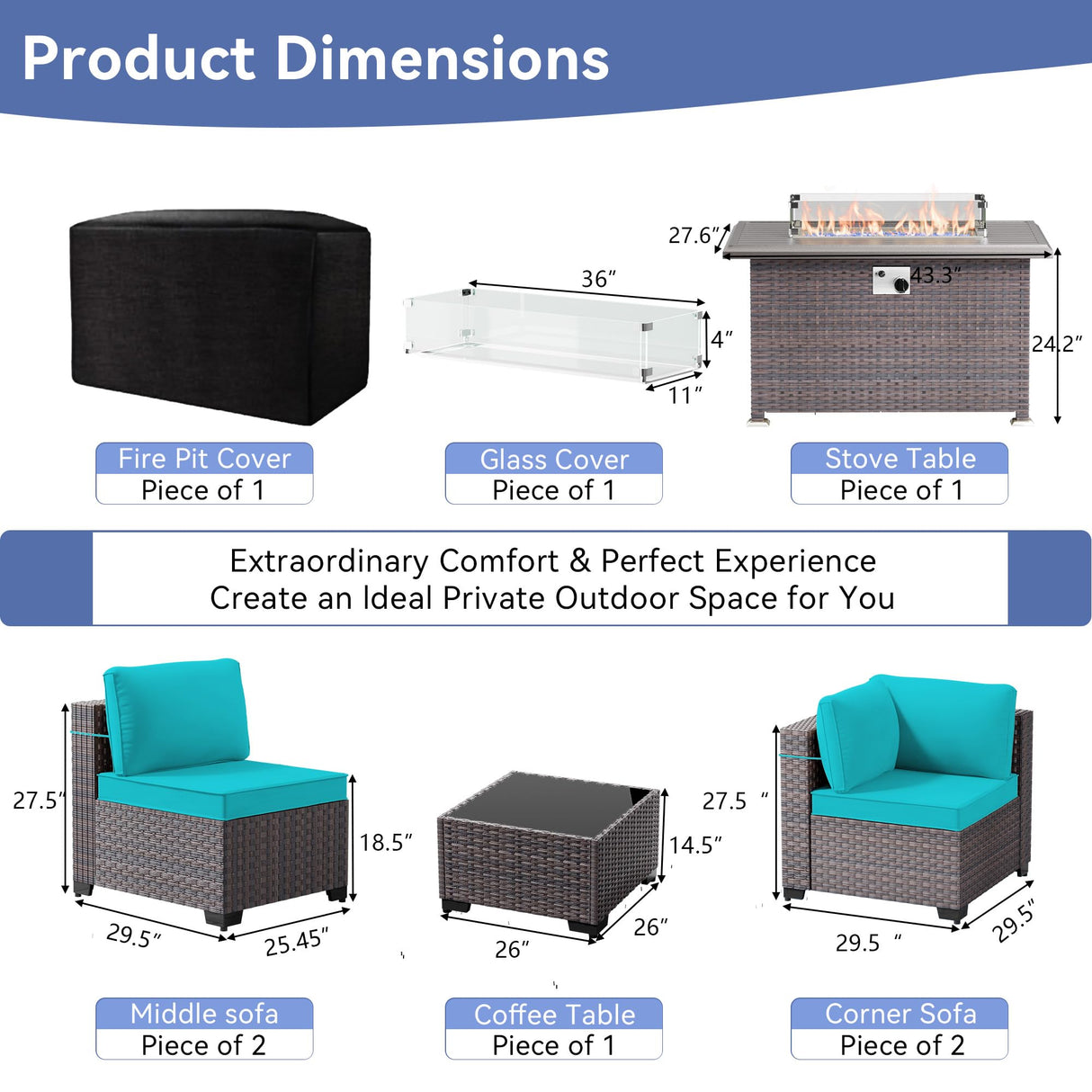 Trumbeak 9 Pieces Outdoor Patio Furniture Set with 43" 55000BTU Gas Propane Fire Pit Table & Swivel Rocking Chairs, PE Wicker Rattan Outdoor Sectional Patio Set, Outdoor Patio Conversation Set, Blue Trumbeak