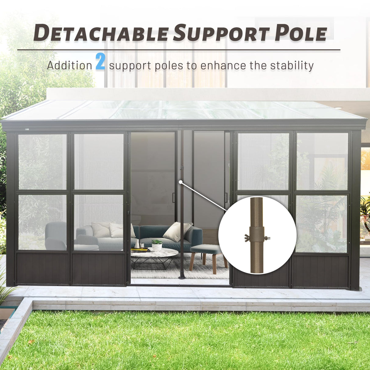 Domi 12x14FT All Season Sunroom, Outdoor Permanent Wall Mounted Solarium with Detachable Polycarbonate Windows, Aluminum Lean to Gazebo Sun Room with 2 Lockable Sliding Doors for Garden Patio Deck domi outdoor living