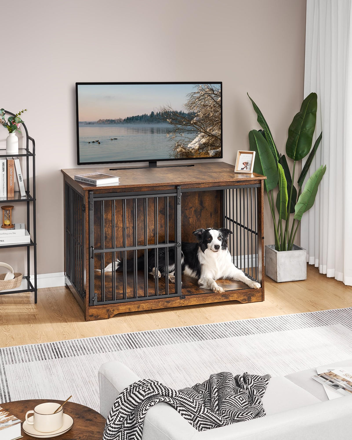 Hzuaneri Dog Crate Furniture, 44.1" Double Door Dog Crate with Barn Door, Dog Kennel Indoor, End Side Table Wooden Dog Crate for Small Medium Large Dog, Anti-Chew Anti-Escape, Rustic Brown Hzuaneri