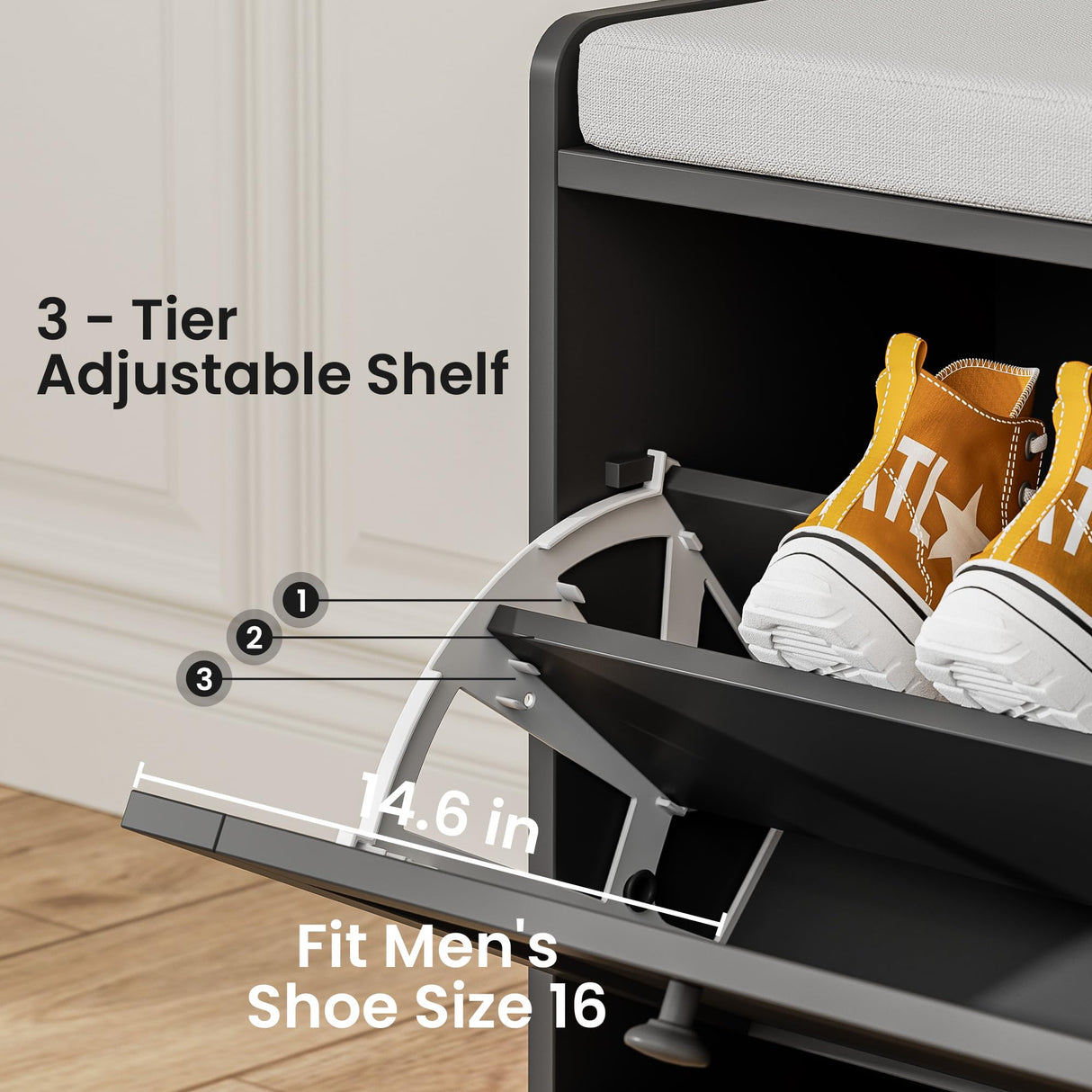 MHOM Black Modern Entryway Bench with 2 Flip Drawers, Shoe Rack with Padded Seat Cushion, Wooden Storage Bench for Bedroom and Apartment MHOM