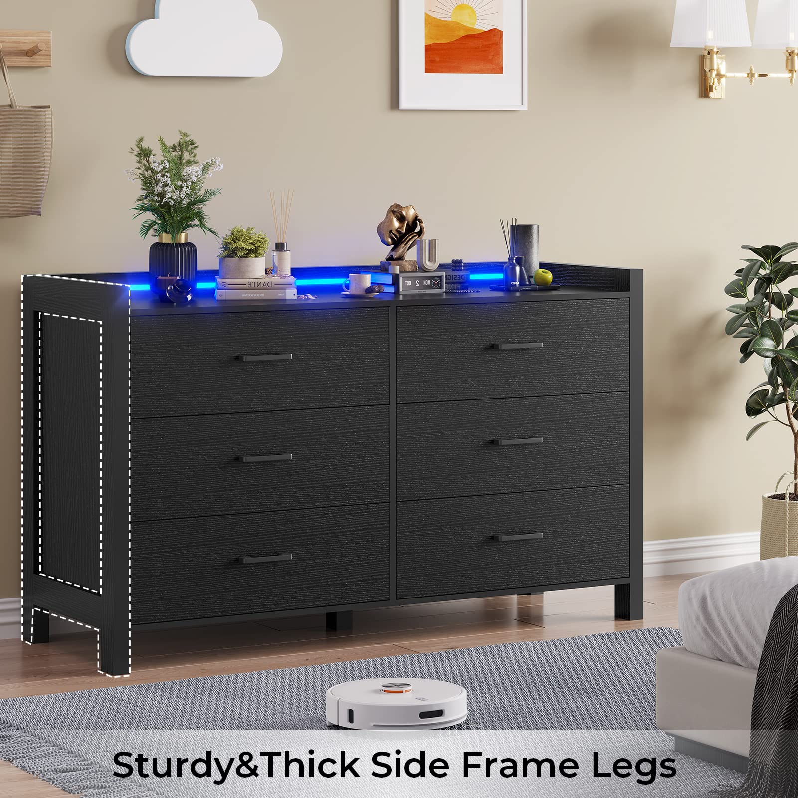 Hasuit Black Dresser for Bedroom with LED Lights, Large Capacity Wooden Storage Cabinet, Chest of 6 Drawers Dresser, LED Dresser for Hallway, Entryway (Modern Black) - WoodArtSupply