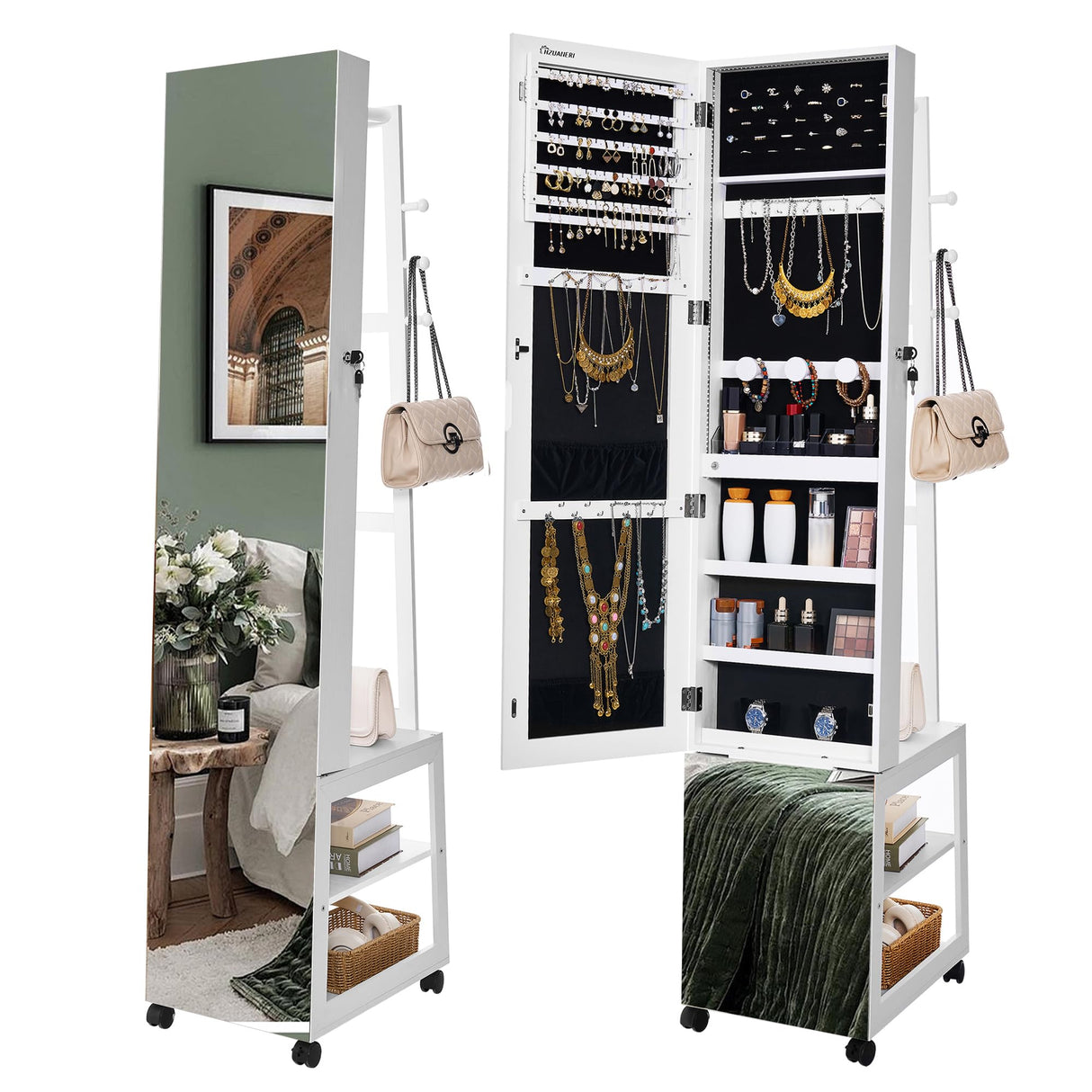 Hzuaneri Jewelry Cabinet with Light strip, 66.5-inch mirror Jewelry Armoire Standing with Garment Rack,Movable Full-length Mirror with Hzuaneri