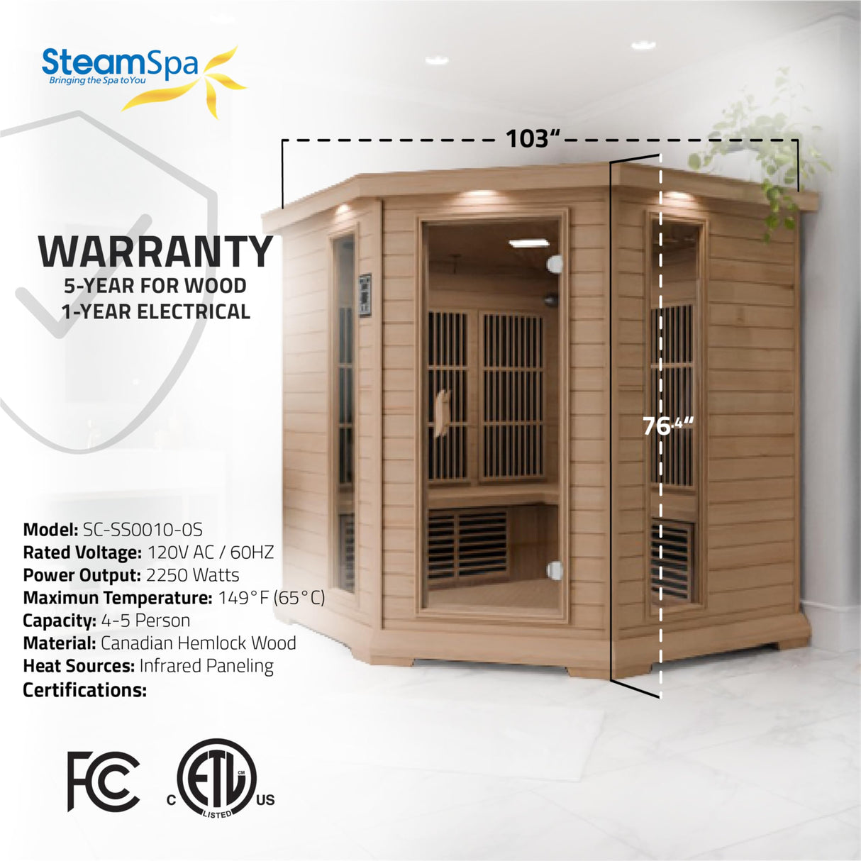 SteamSpa 1-5 Person Low EMF Carbon FAR Infrared Hemlock Wood and Tempered Glass Indoor Home Sauna Room with LED Touch Control Panel, Color LED Therapy Light, Bluetooth Speaker, Oxygen SteamSpa