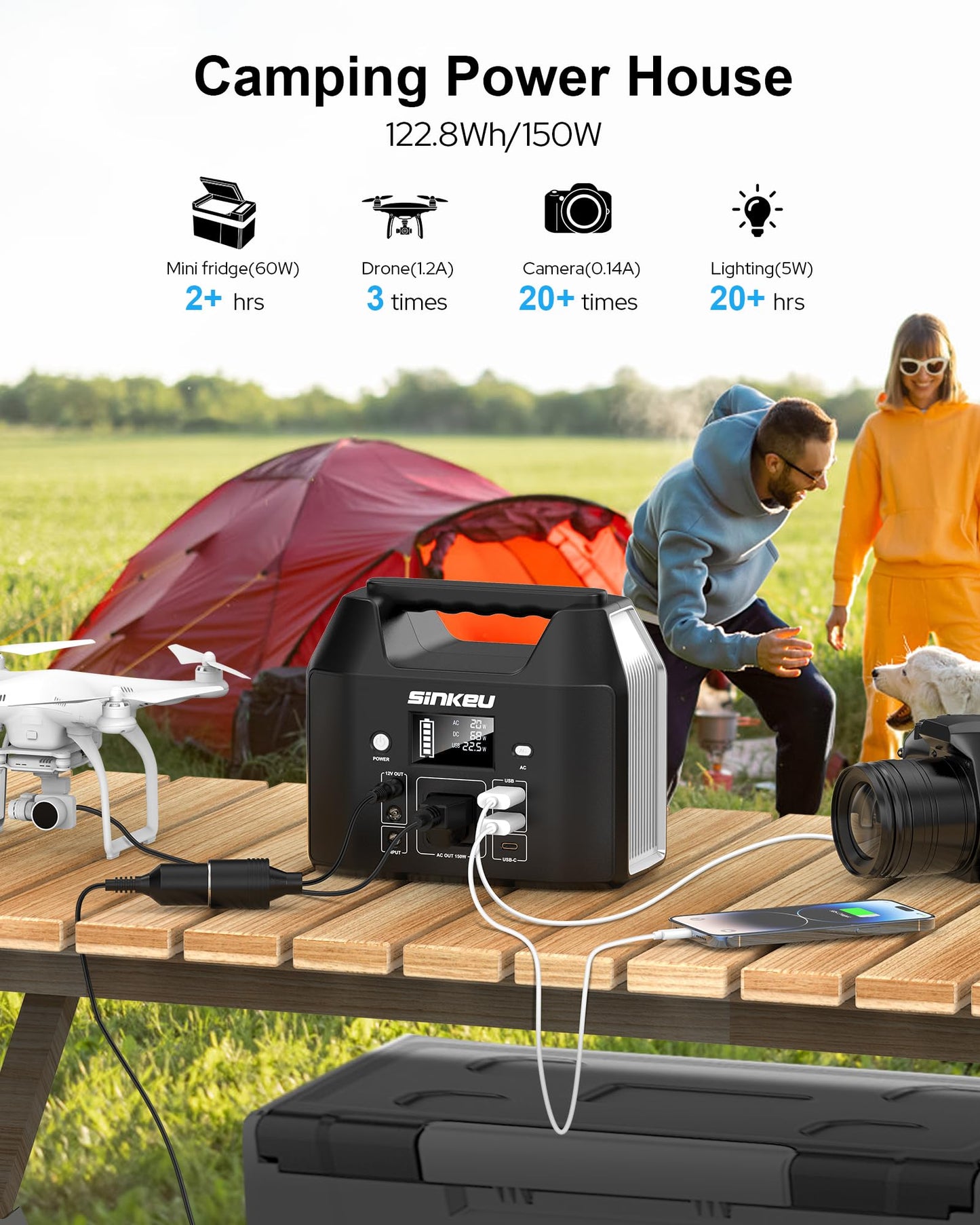 SinKeu E150 Portable Power Station 150W 122.8 Watt Hours LiFePO4 Battery Power Bank Camping Solar Generator with 110V AC Outlet(USB*2 DC*2 USB-C) Flashlight for Outdoor Home Travel Emergency( - WoodArtSupply