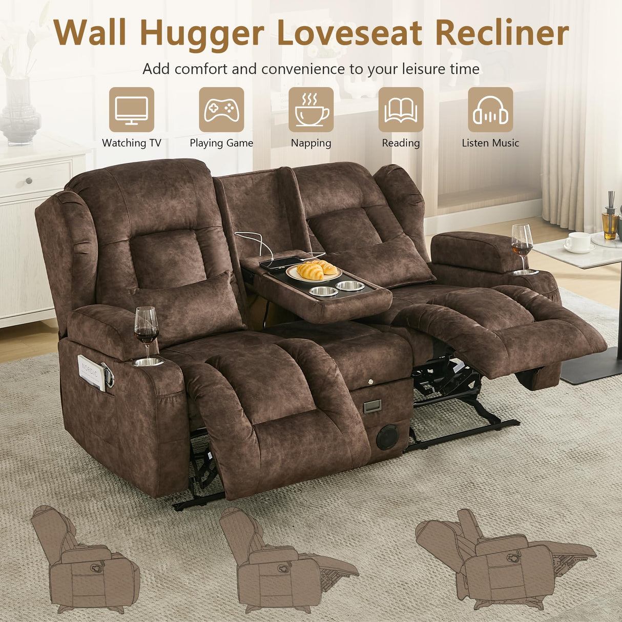 URRED Loveseat Rocker Recliner Sofa with Console, Manual Reclining Loveseat RV Couch Double Rocking Chair Nursery with Cup Holders, Side Pocket, Bluetooth Speaker, USB, Outlets (Brown) URRED