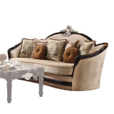 Acme Ernestine Sofa (with 7 Pillows) in Tan Fabric & Black Acme