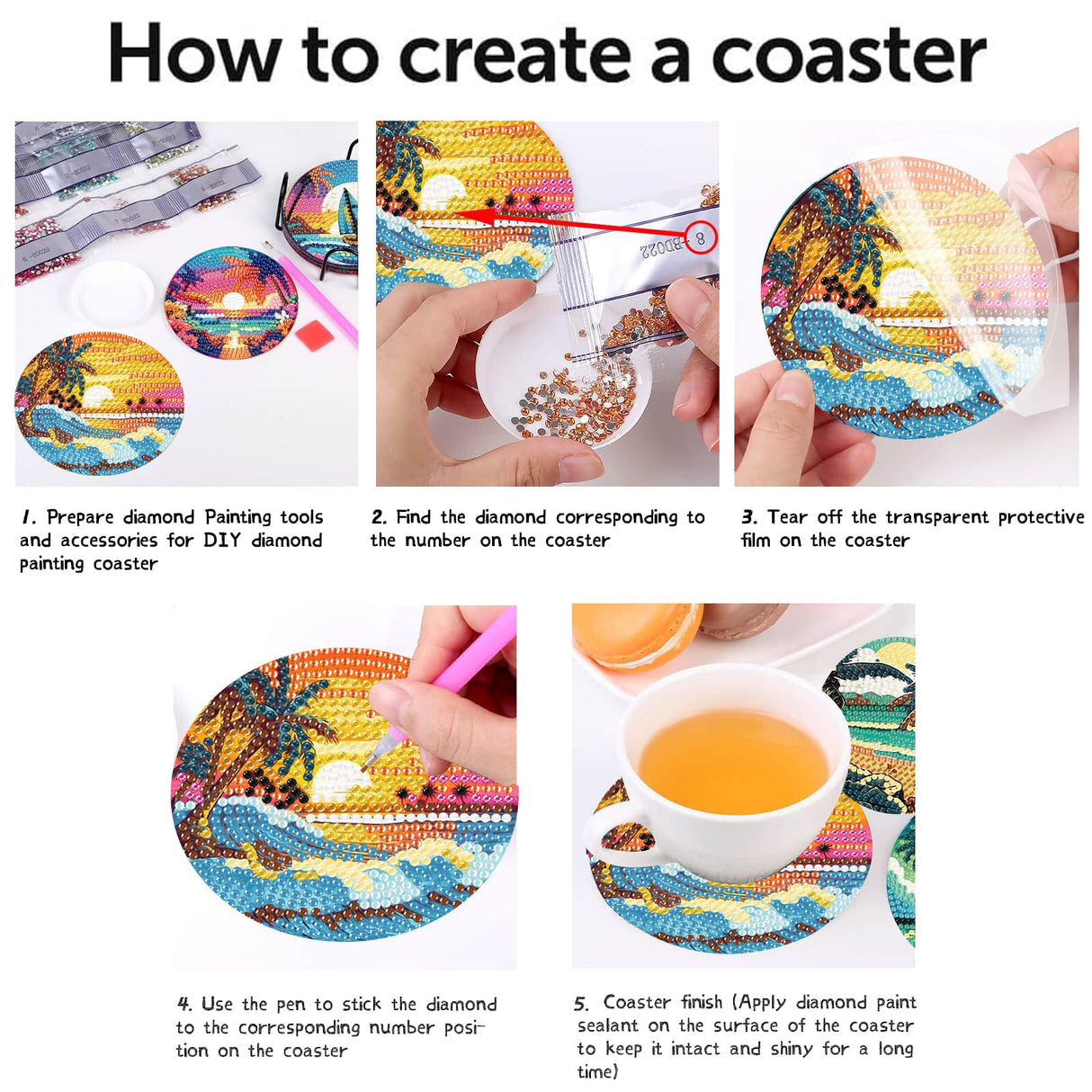 CAMOYAI 8 pcs Beach Diamond Art Coasters Kits with Holder, DIY Landscape Diamond Painting Coasters,Diamond Art Kits for Adults Beginners CAMOYAI