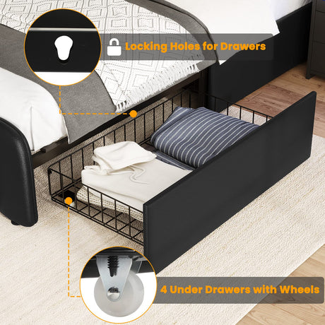 AOGLLATI Queen Bed Frame with Headboard, LED Lights, 4 Storage Drawers & USB Ports AOGLLATI