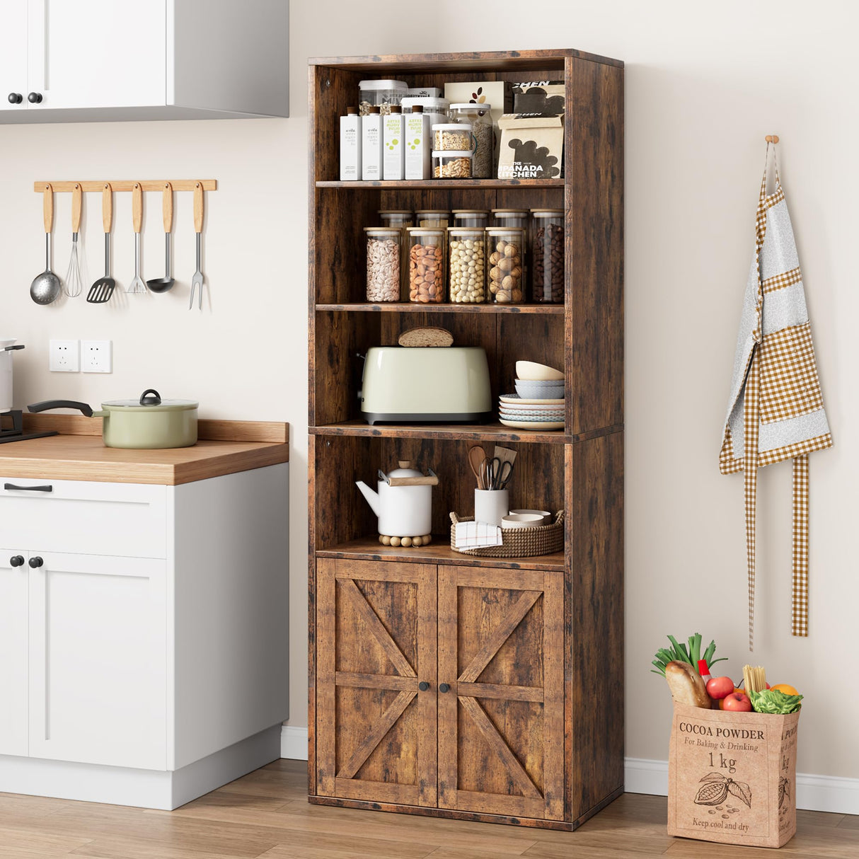 Garveehome Farmhouse Bookcase with Doors 11.8in Depth Display Storage Shelves 71.4in Tall Industrial Bookshelf Wooden 6 Shelf Bookshelves for Bedroom, Living Room, Home Office (Brown) GarveeHome