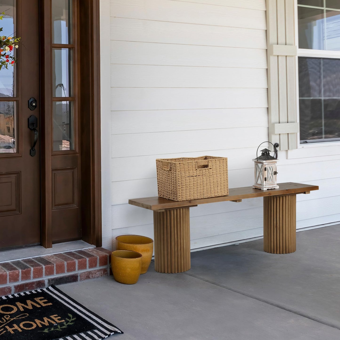 WINWY Fluted Wood Bench, 51" Farmhouse Solid Wood Bench Seat for Entryway, Dining Room, Indoors and Outdoors, Rounded Leg, Easy Assembly, Natural