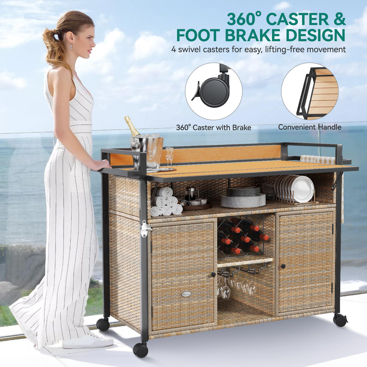 YITAHOME XL Rolling Outdoor Kitchen Cart with Wicker Storage and Expandable Table Top - Light Yellow Gradient YITAHOME