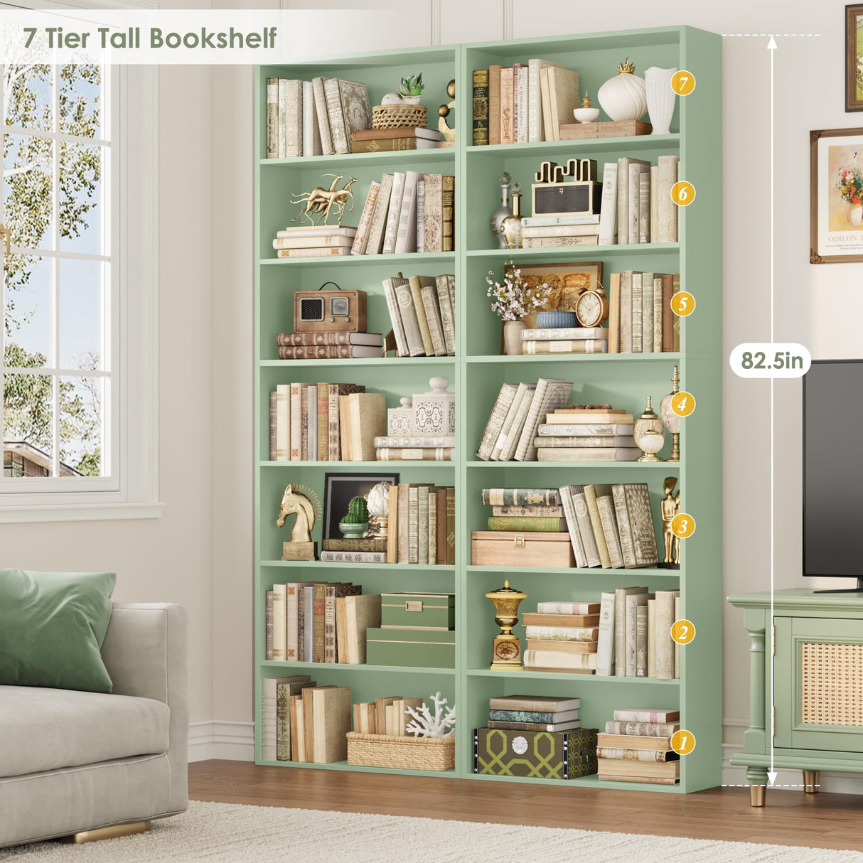 FACBOTALL 82" Tall Bookshelf, 7-Tier Open Shelves Bookcase, Freestanding Display Storage Shelves, Tall Bookcase Home Decor Furniture for Home Office, Living Room, Bedroom, Green FACBOTALL