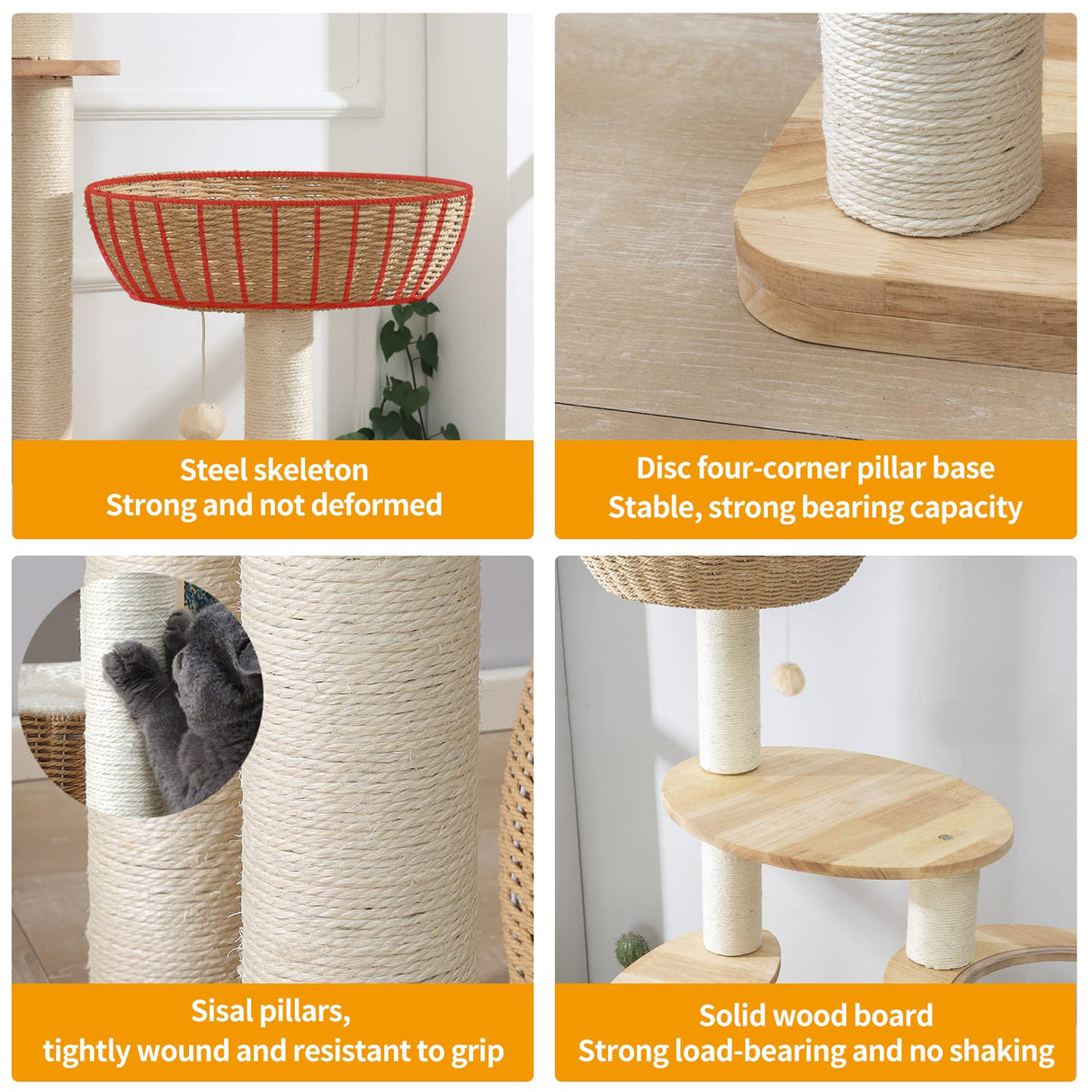 59" Big Modern Cat Tree Tower, Cat Tower Sisal-Covered Scratching Posts for Indoor Cats, Oak Wood Cat tree for Large Cats, Multi-level Cat Condo with Space Capsule Nest, Cat Furniture Activity Centre SHODMI