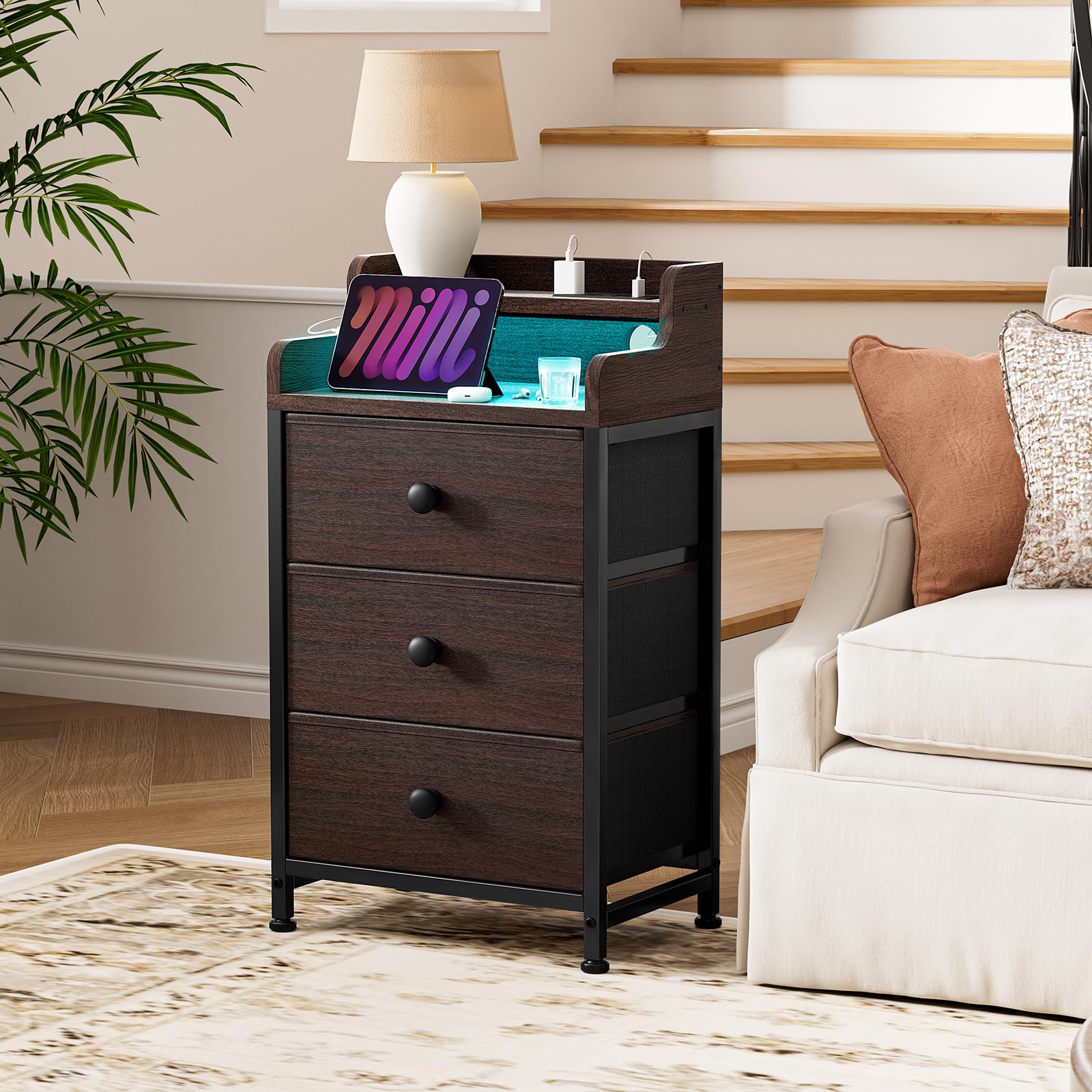 REAHOME Nightstand with Charging Station and LED Light, Tall Brown Night Stand with 3 Drawers and 2-Tier Shelf, Bedside Table with Sturdy Steel Frame Wood Top for Bedroom, Living Room - Brown - WoodArtSupply