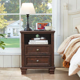 SAVOR LIFE Farmhouse Nightstand with Charging Station, Rustic Brown Nightstand,2 Drawers End Table for Living Room,Bedside Table with Open Shelf for Bed Room,Walnut SAVOR LIFE