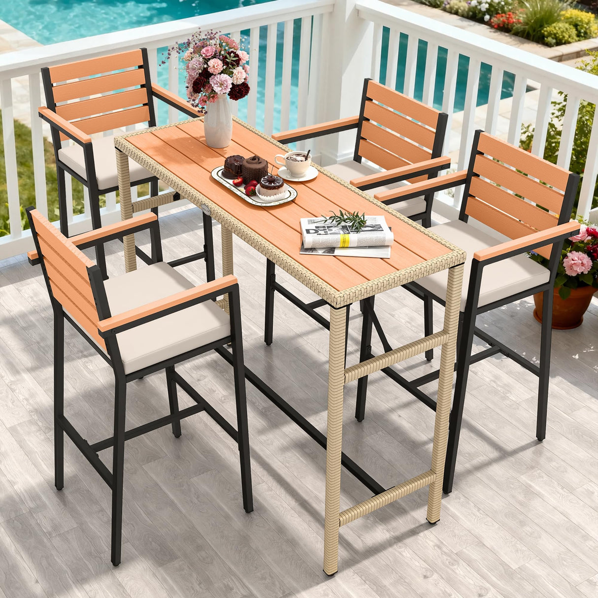 YITAHOME 5 Piece Patio Bar Set for 4 Outdoor High Top Dining Table and Chairs (with Arms, Cushions, Backrest) Bar Table and Chairs Set Outdoor Bar Set with Stool for Indoor/Outdoor YITAHOME