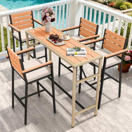 YITAHOME 5 Piece Patio Bar Set for 4 Outdoor High Top Dining Table and Chairs (with Arms, Cushions, Backrest) Bar Table and Chairs Set Outdoor Bar Set with Stool for Indoor/Outdoor YITAHOME