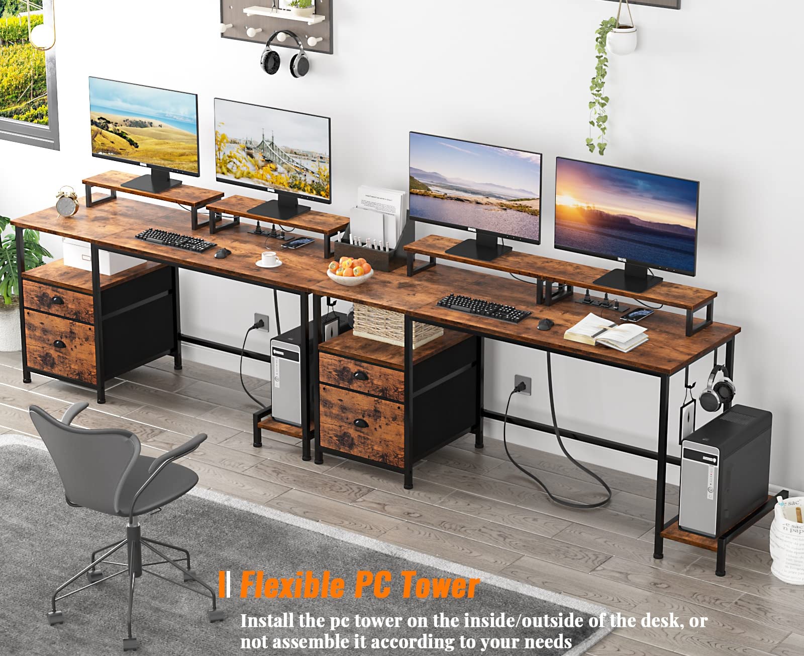 Furologee Desk with Drawer and Power Outlets, 55" Large Compter Desk with Fabric File Cabinet and 2 Movable Monitor Shelf, Writing Gaming Table with CPU Stand and 2 Hooks for Home Office, Rus - WoodArtSupply