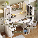 Maupvit Makeup Vanity with Lighted Mirror & Power Strip, Large Vanity Desk with Sliding Jewelry Storage Shelves, 4 Drawers, 3 Cabinets & Hairdryer Rack, 3 Lighting Modes, Bedroom Dressing Table, White Maupvit