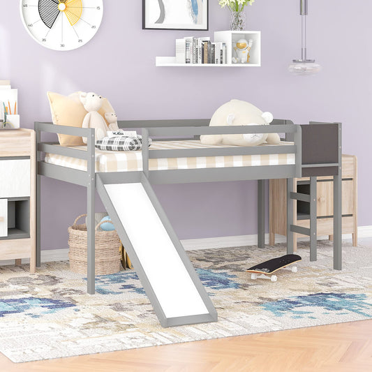 Twin Size Low Loft Bed with Slide,Kids Loft Bed with Chalkboard and Ladder,Wood Low Loft Bed Twin Size for Girls Boys,Grey