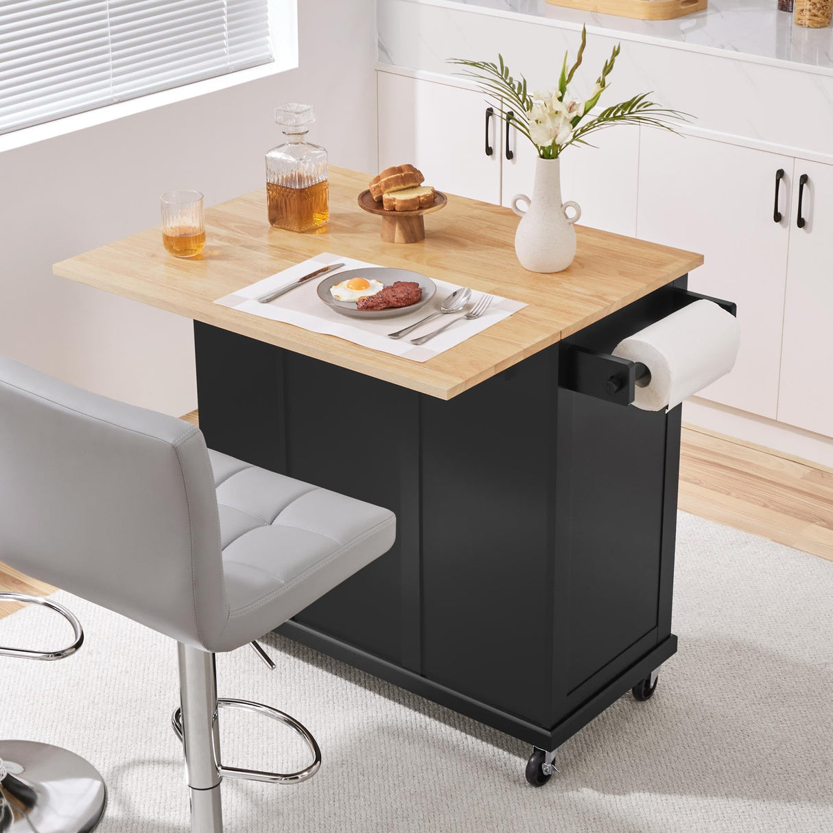Yaheetech Rolling Kitchen Island Cart with Drop Leaf, Portable Rubberwood Breakfast Bar with Storage Cabinet, Open Shelves & Detachable Towel, 2 Drawers, Black Yaheetech