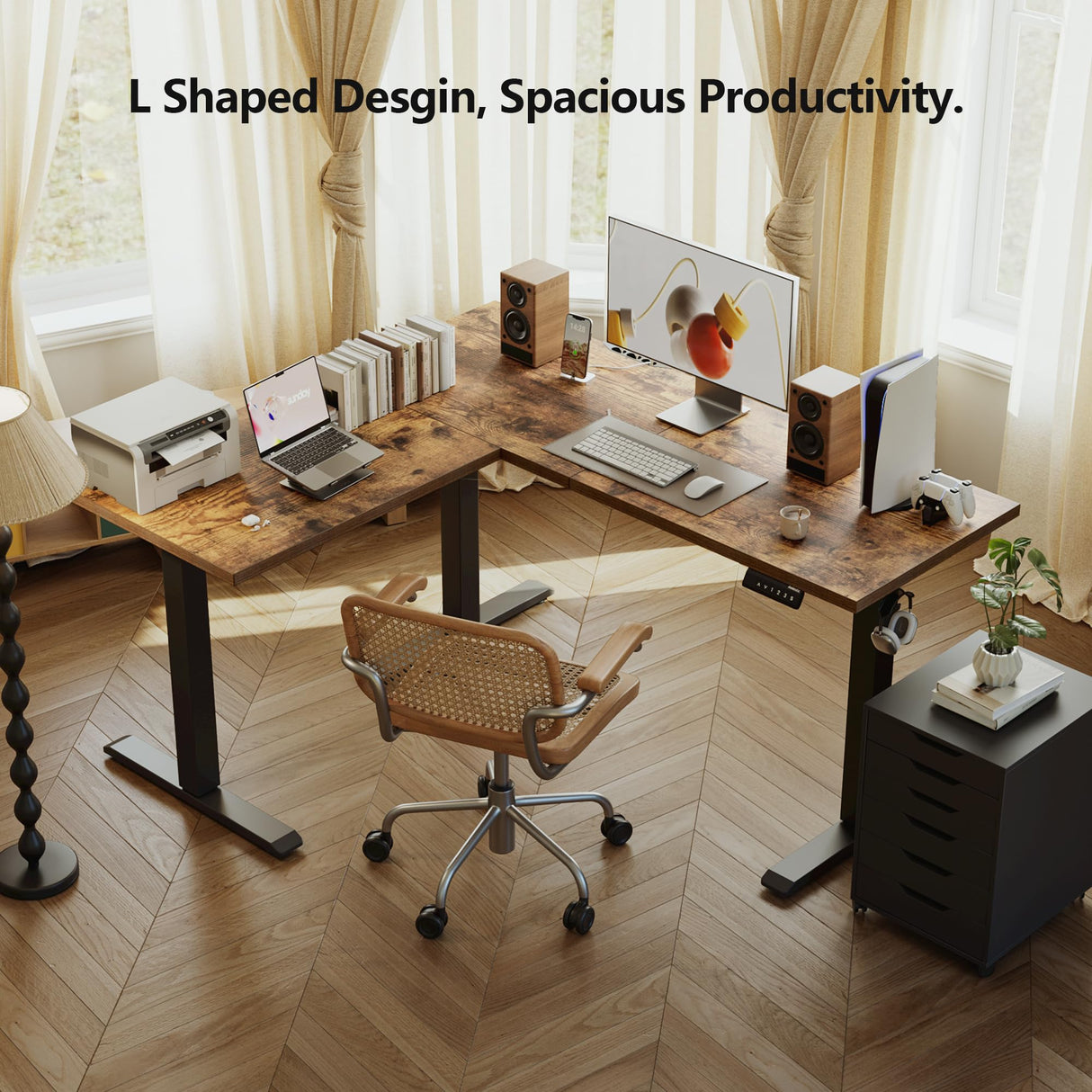 Agilestic 59 Inch L Shaped Standing Desk Adjustable Height, Electric Corner Standing Desk, Sit Stand Computer Table with Splice Board, Rustic Brown Agilestic