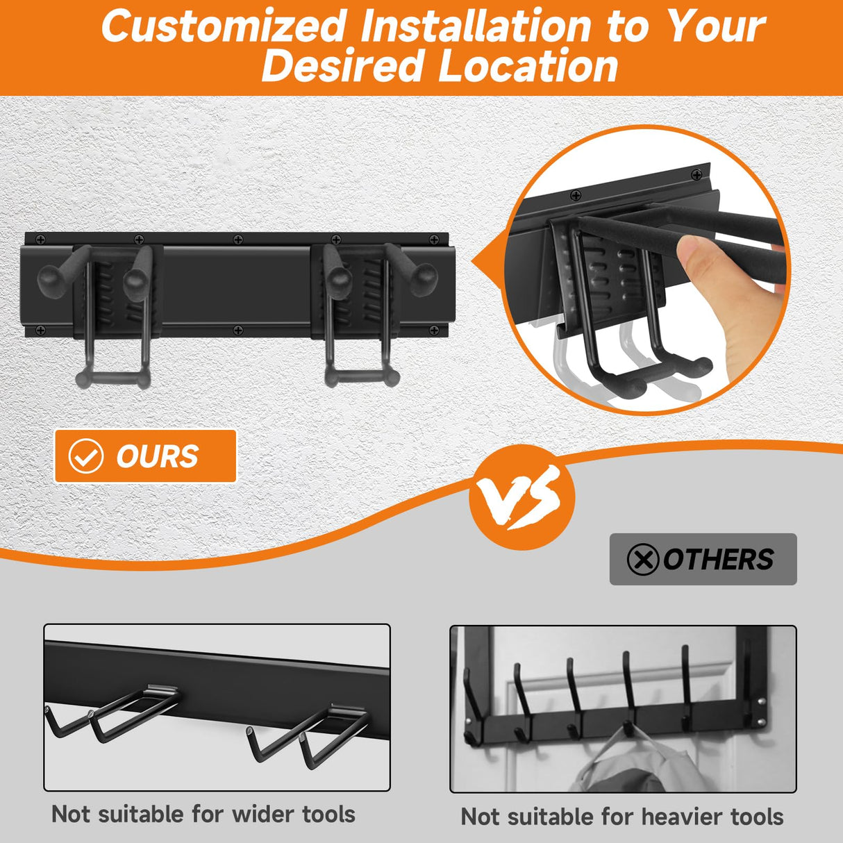 WEZAFO Garden Tool Organizer Wall Mount, Heavy Duty 48 Inches Garage Organization and Storage Racks for Yard Tools with 6 Hooks, Tool Hangers Holders for Hanging Folding Chair, Rake and Shovel WEZAFO