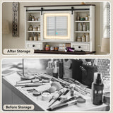 Diwnnue Farmhouse Makeup Vanity Desk with Sliding Mirror, Large Vanity Set with 3 Brightness Lights, Ample Storage, Antique White Diwnnue