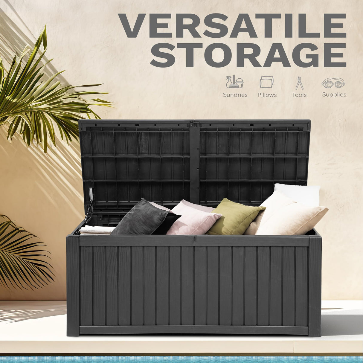 DWVO 150 Gallon XL Deck Box with Divider & Lockable Lid, Waterproof Resin Outdoor Storage for Patio, Garden, Poolside, Cushions, Supplies & Sports Gear, Black DWVO