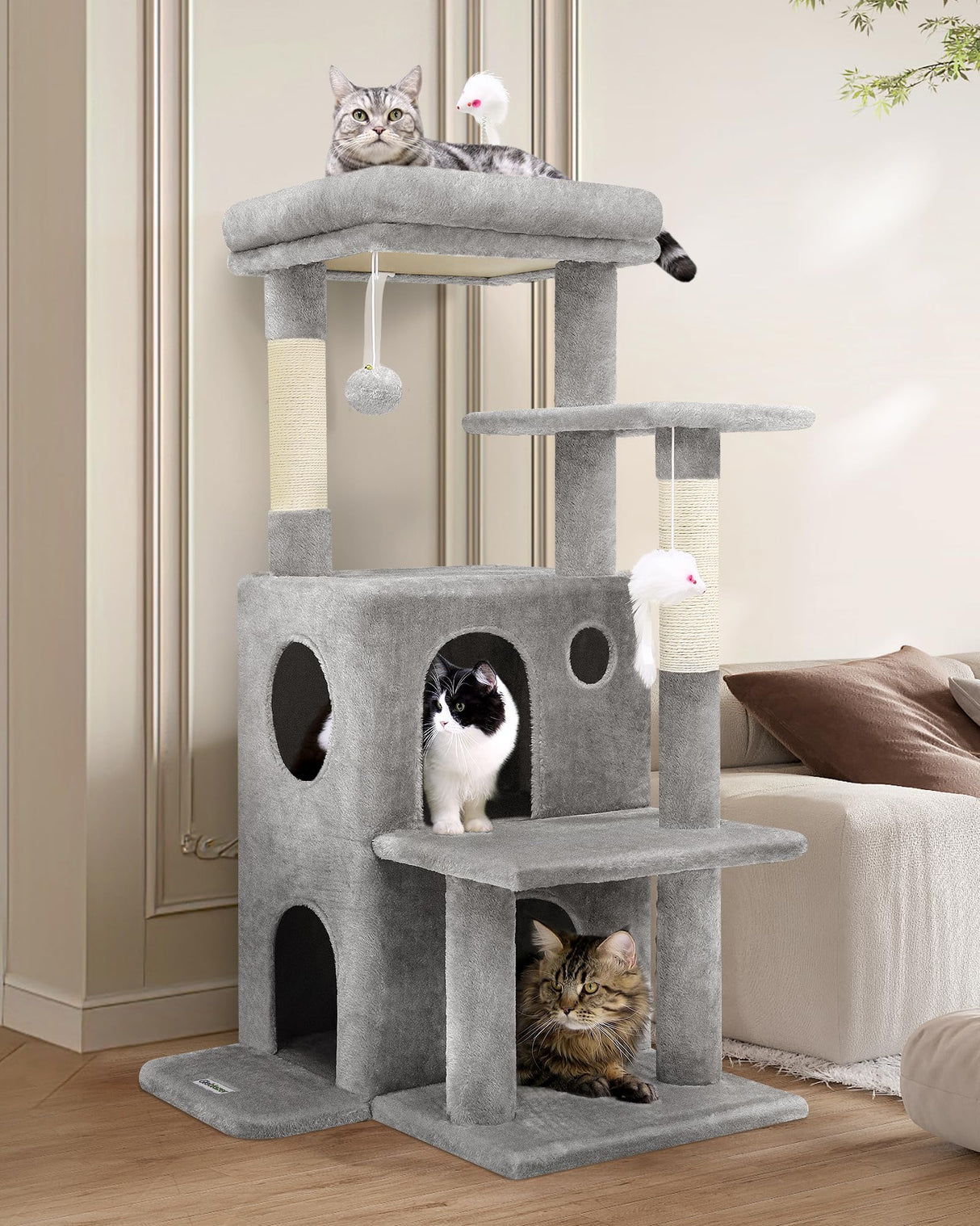 Globlazer FC50 Cat Tree Tower for Indoor Cats, 50-inch Adult Cat Tree House for Large Adult Cats with Steps, Scratching Post, 2 Cat Caves, Dangling Toys, Light Grey Globlazer