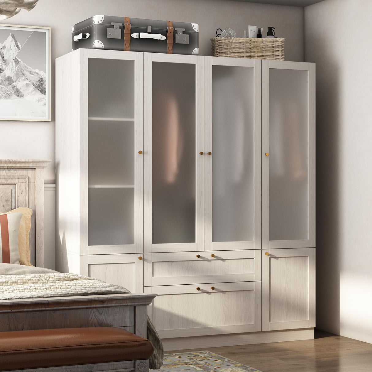 Homsee Armoire Wardrobe Closet with 4 Frosted Glass Doors, Hanging Bars, Shelves & Drawers, Wooden Closet Storage Cabinet for Bedroom, Warm Grey (63”L x 19.7”W x 70.9”H) Homsee