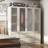 Homsee Armoire Wardrobe Closet with 4 Frosted Glass Doors, Hanging Bars, Shelves & Drawers, Wooden Closet Storage Cabinet for Bedroom, Warm Grey (63”L x 19.7”W x 70.9”H) Homsee
