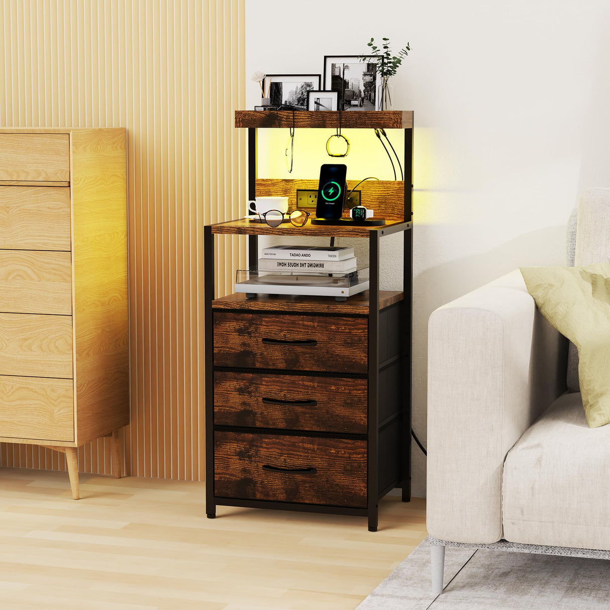 SZLHANJZ Nightstand, Dresser Nightstand with Charging Station, 3 Drawers Night Stand with Storage and LED Lights, 3 Shelves and Hooks, End Side Table for Bedroom, Rustic Brown SZLHANJZ