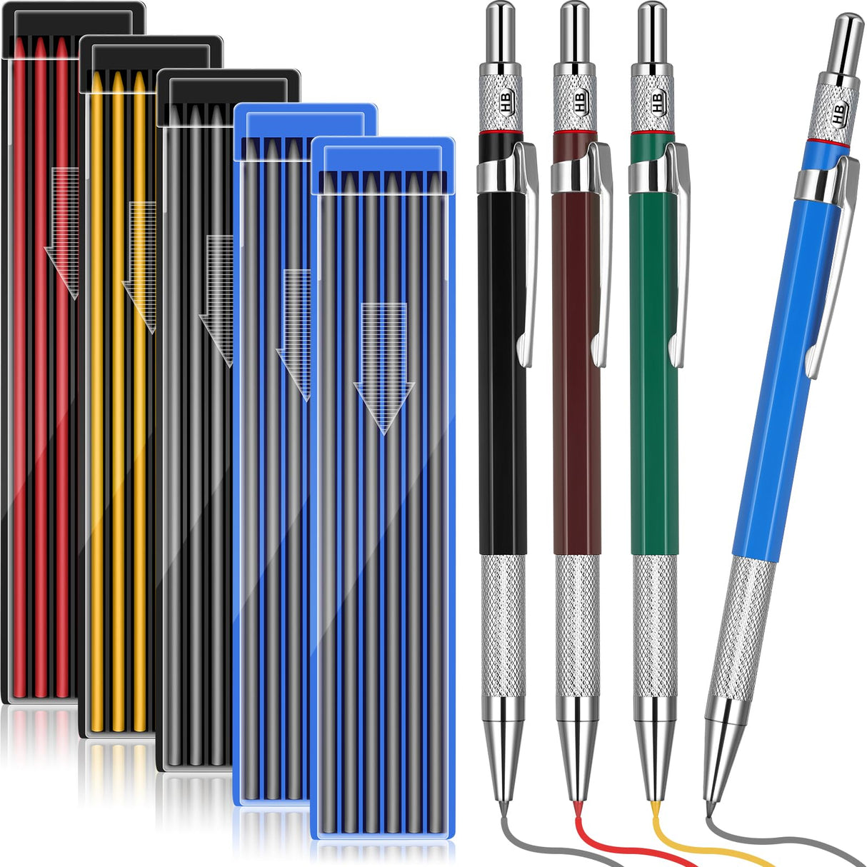 Nezyo 4 Pieces Welder Pencil with 60 Pieces Round Refills Mechanical Pencil Metal Marker Pen for Construction Workers, Metal Work, Welders, Plumbers, Framers (Black, Red, Yellow, Silver) Nezyo