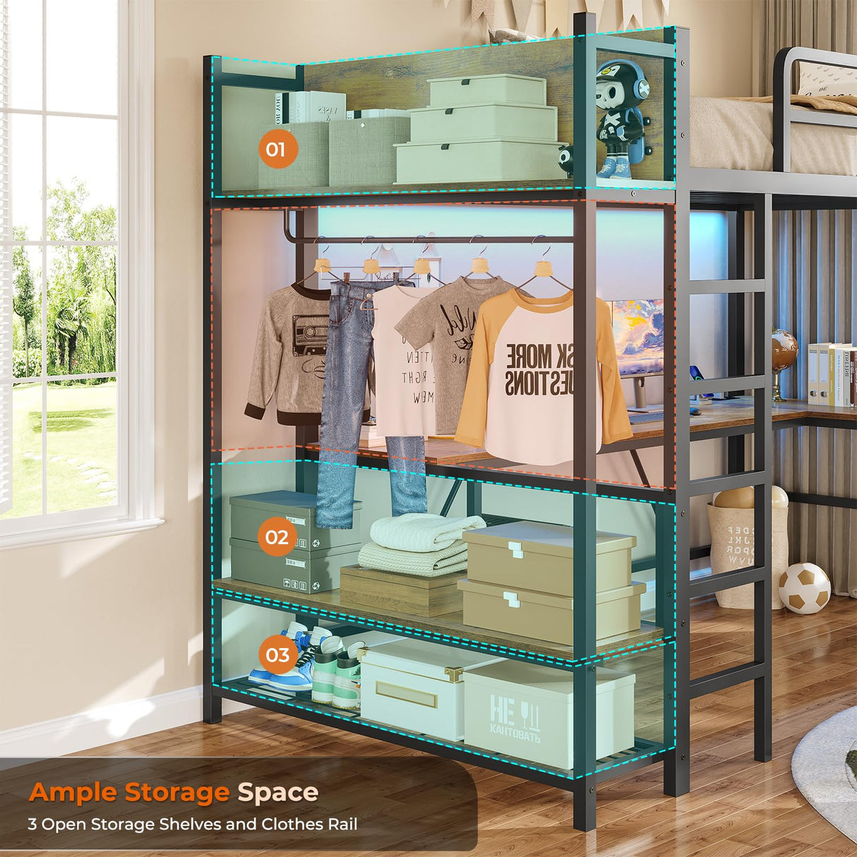 Itaar Twin Loft Bed with L-Shaped Desk, LED Lights and Charging Sation, Loft Bed Twin Size with 3-Tier Storage Shelves and Clothes Rail, Safety Guard & Ladder, No Box Spring Needed, Rustic Brown Itaar