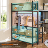 Itaar Twin Loft Bed with L-Shaped Desk, LED Lights and Charging Sation, Loft Bed Twin Size with 3-Tier Storage Shelves and Clothes Rail, Safety Guard & Ladder, No Box Spring Needed, Rustic Brown Itaar