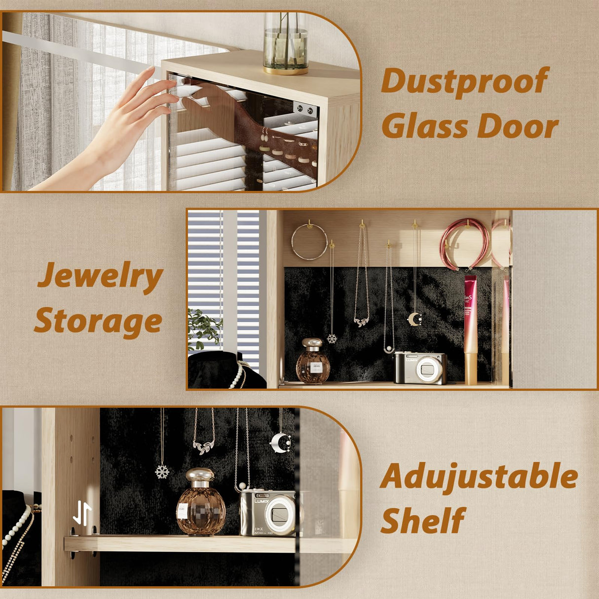 MODNEST 48" Vanity Desk with Mirror and Lights, Fluted Makeup Vanity Desk with 3 Drawers and Shelves, Dressing Table with Clear Glass Top for Bedroom, 48"x15.7"x53.5"，Oak Color MODNEST