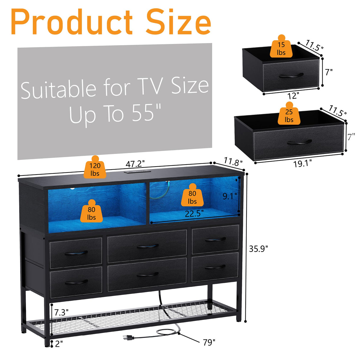 eiskah Black Dresser for Bedroom, 6 Drawers Led Dresser TV Stand with Power Outlets and LED Lights, Long Fabric Dressers Wide Chest of Drawers with Large Organizer Shoe Rack for Living Room, Entryway eiskah