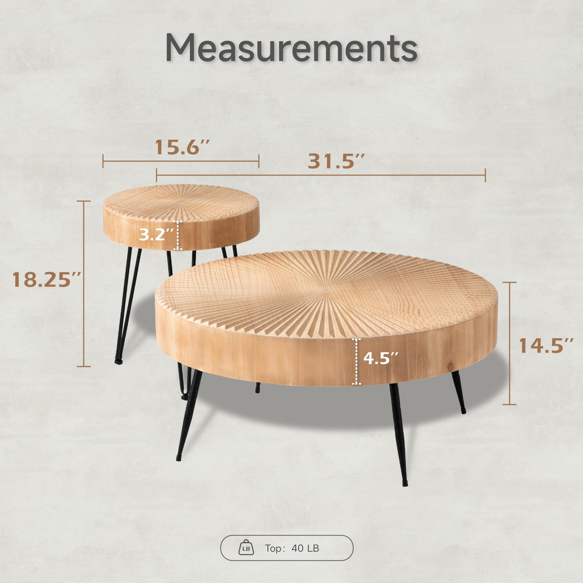 COZAYH 2-Piece Modern Farmhouse Coffee, Nesting Round Natural Finish with Handcrafted Wood Radial Pattern living room table sets, 31.5D x 31.5W x 14.2H - WoodArtSupply