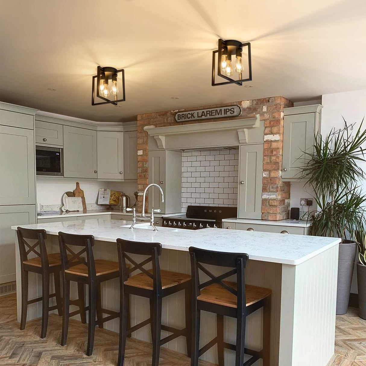 LEIP 3-Light Ceiling Light Fixture, Semi-Flush Mount Light with Contemporary Geometric Metal Cage, Farmhouse Industrial Lighting for Kitchen Living Room Bedroom Hallway Foyer, E26 Black LEIP