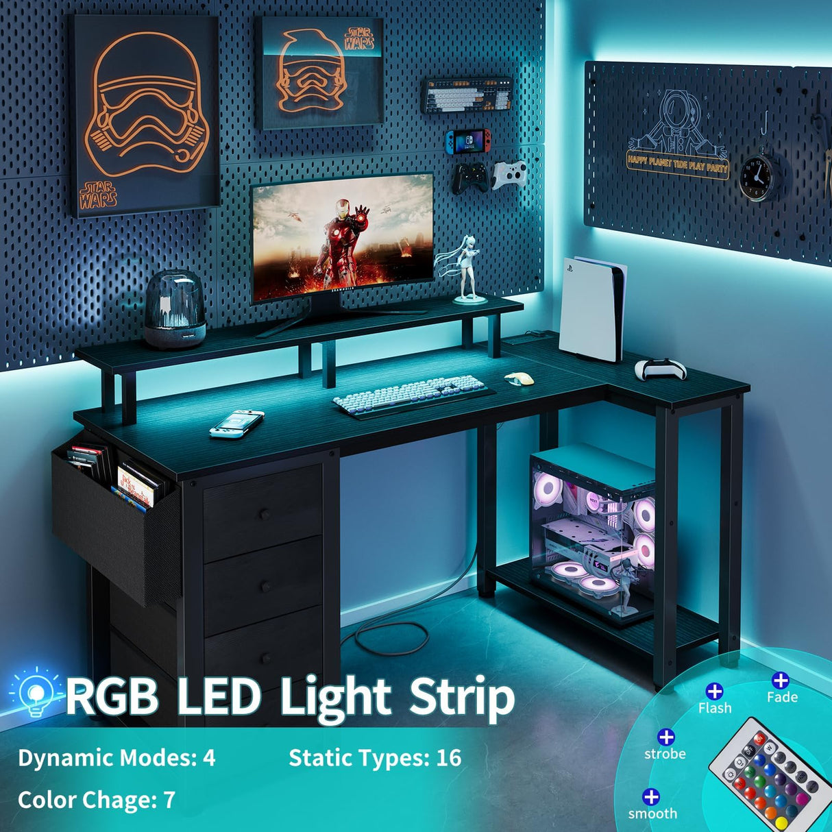 Lufeiya L Shaped Gaming Desk with Led Lights and Power Outlets, 47 Inch Writing Study Computer Desks with Fabric Drawers for Bedroom, Corner Home Office Desk with Monitor Stand Shelves, Black Lufeiya