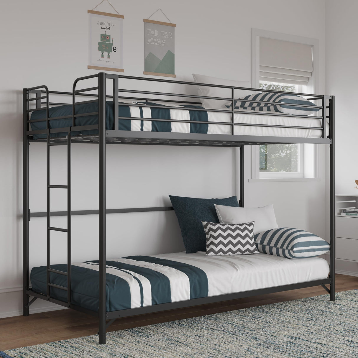 DHP Daven Easy Assembly Metal Bunk Bed for Kids, Teens and Adults, with Ladder, High Guardrail, Metal Slats, Smooth Rounded Edges, No Boxspring Required, Twin-Over-Twin, Black DHP