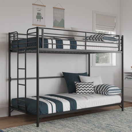 DHP Daven Easy Assembly Metal Bunk Bed for Kids, Teens and Adults, with Ladder, High Guardrail, Metal Slats, Smooth Rounded Edges, No Boxspring Required, Twin-Over-Twin, Black DHP