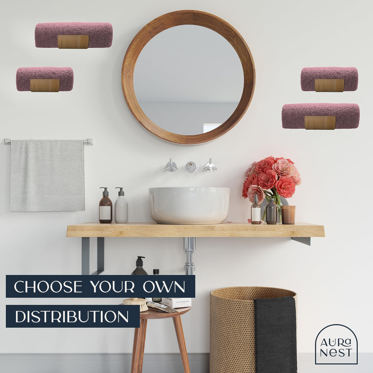 AURA NEST Set of 4 Towel Holder for Bathroom Wall, Modern Bamboo Wall Towel Rack for Rolled Towels, Sturdy Space-Saving Hanging Wood Towel Rack, Effective and Versatile for Spa, Guest Bath, Blanket AURA NEST