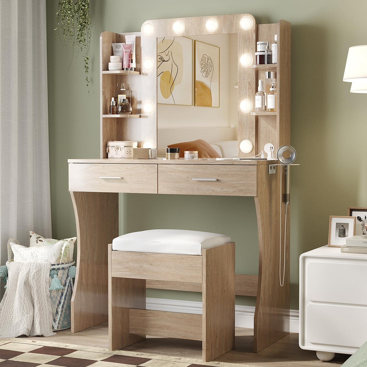 Vabches Vanity Desk with Mirror and Lights,Makeup Vanity Table with Charging Station,2 Drawer Bedroom Dressing Table with 3 Colors Modes Dimming & Cushioned Stool,Natural Oak Vabches